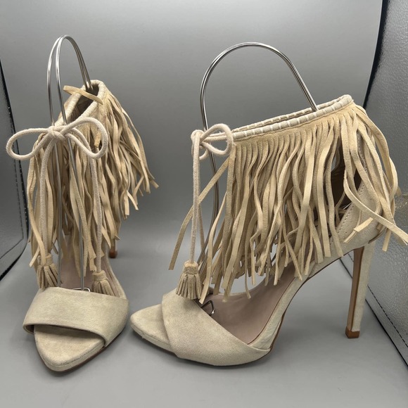 Zara Basic Cream sueded fringe stilettos Size 38 - Picture 1 of 10